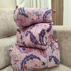 Floral Quilted Cotton Pouch Set: Hand Block Printed Cosmetic Bags, Toiletry Pouches Set