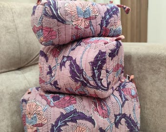 Floral Quilted Cotton Pouch Set: Hand Block Printed Cosmetic Bags, Toiletry Pouches Set