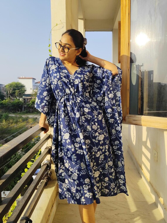 cotton kaftan midi dress Blue Floral Cotton Kaftan Dress: Relaxed Fit Midi Resort Wear (S-2XL)
