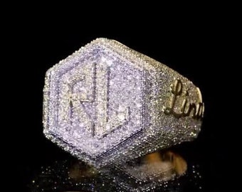 Anillo de moissanita para hombre con acabado en hielo, anillo con nombre personalizado de hip hop, anillo de moissanita redondo de hip hop, anillo personalizado, anillo de moissanita para hombre