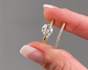 0.75 Ct Lab Grown Diamond Engagement Ring, Round Lab Grown Diamond Bridal Set, Solitaire Ring Set, Round Cut Diamond Ring Set, 14K Gold Ring