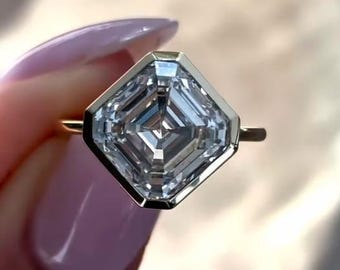 6 Carat Asscher Cut Lab Grown Diamond Engagement Ring, Bezel Set Solitaire Wedding Ring, Asscher Cut Solid Gold Anniversary Ring