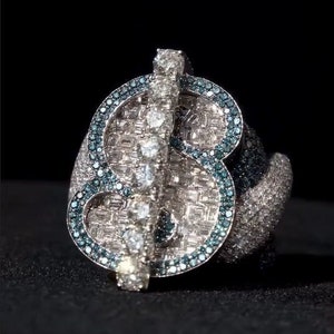 Iced Out Baguette & Round Moissanite Ring, Rapper Iced Out Real Moissanite Diamond Ring, Iced Out Ring, Dollar Sign Ring, Hip hop Bling Ring