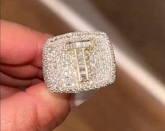 Iced Out Initial Letter Ring, VVS Moissanite Diamond Men's Ring, Iced Out Rings for Men, Hip Hop Letter Ring Iced out Custom Moissanite Ring