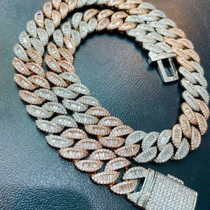 Dwukolorowy naszyjnik Miami Cuban Link Chain, 15 mm Dwukolorowy łańcuszek ze srebra próby 925 z różowego złota i białego złota, naszyjnik typu baguette, łańcuszek Iced Out