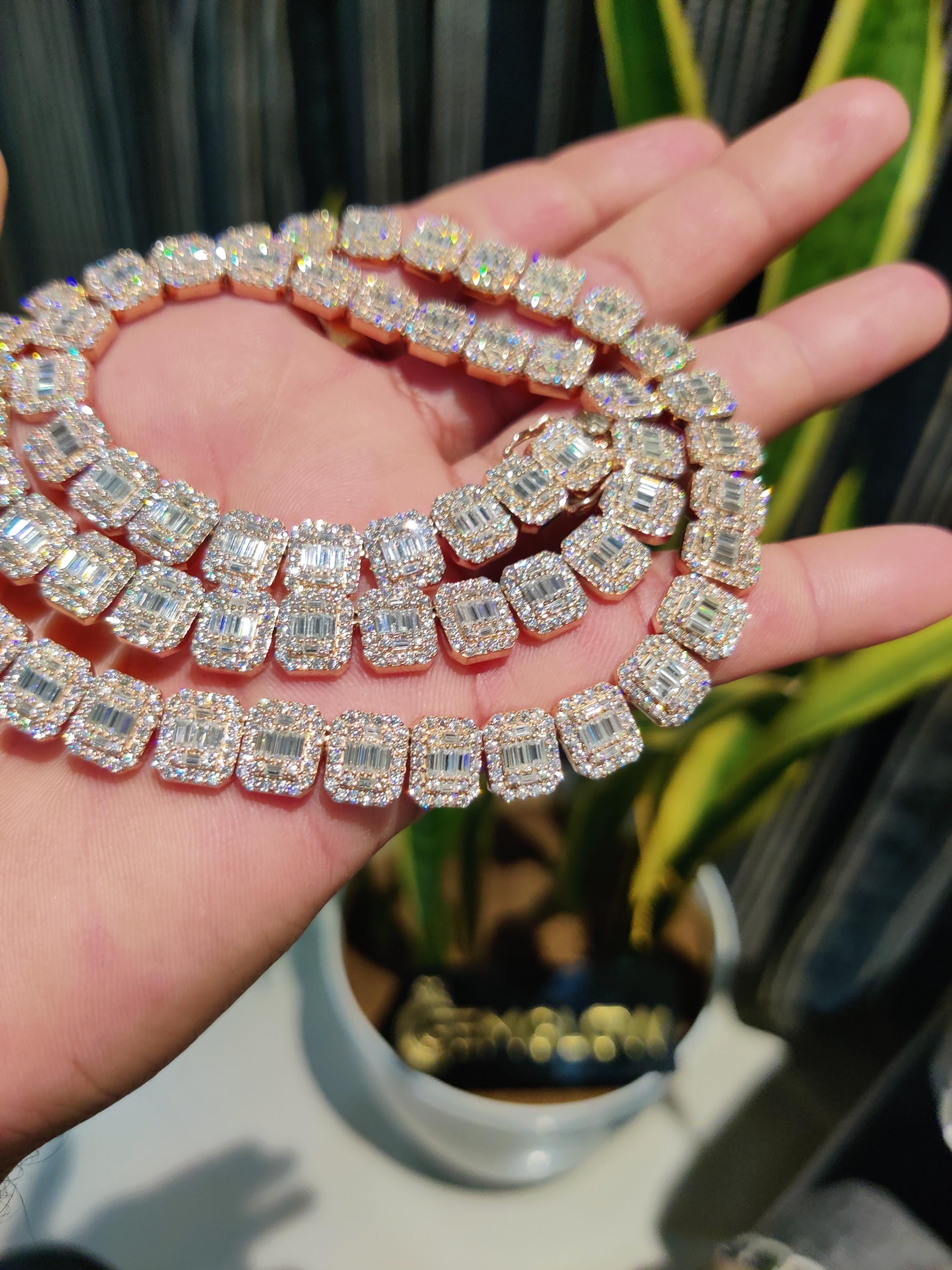 10MM Iced Out Tennis Chain, Baguette & Round Tennis Chain Necklace 
