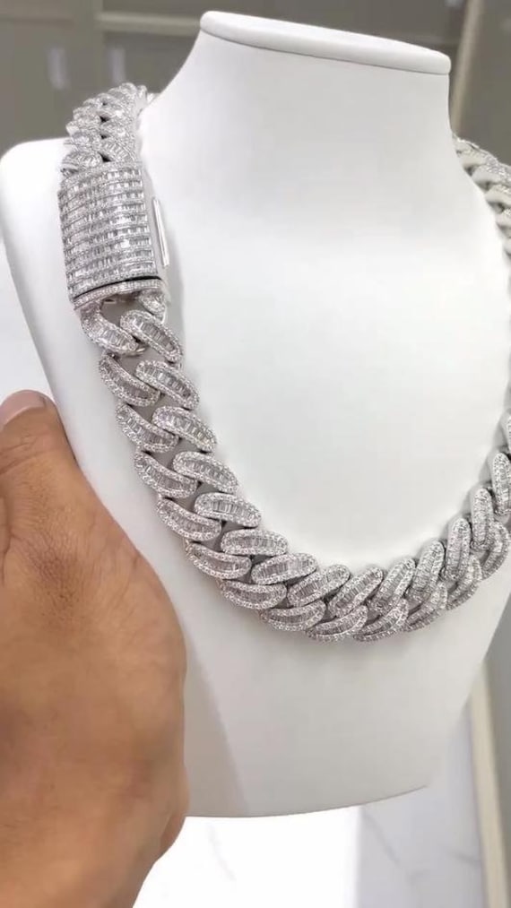 Iced Out Baguette 18MM Moissanite Cuban Chain, Round and Baguette