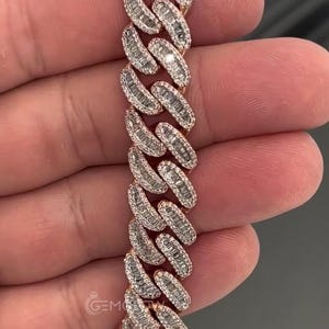 Side profile of iced out Miami Cuban bracelet with baguette diamonds shining under studio light, perfect hip hop jewelry gift for rappers and trendsetters. Baguette & Round Moissanite Cuban Link Bracelet, Baguette Box Lock Bracelet, Hip Hop Cuban Link Men Bracelet, Diamond Miami Cuban Chain Bracelet, Iced Out Unisex Bracelet, Men's Bracelet, Round & Baguette Moissanite Diamond Cuban Bracelet, Fancy Heavy Men's/Women's Jewelry, VVS Moissanite Diamond Bracelet, Anniversary Gift