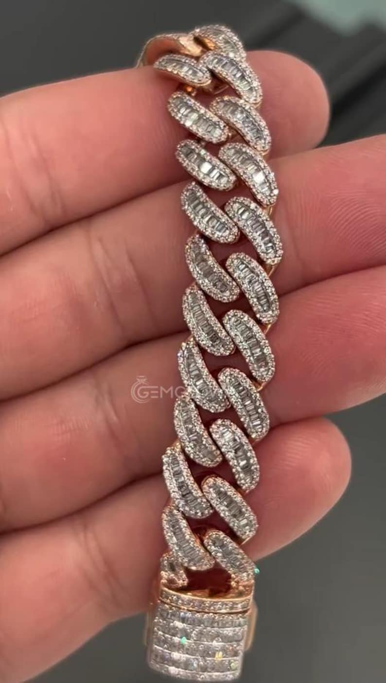 Studio shot of baguette diamond Cuban bracelet under bright light, highlighting iced out brilliance and luxury hip hop men’s jewelry craftsmanship. Iced Out Miami Cuban For Him, Baguette Cut Moissanite Halo Bracelet, Iced Out Hip Hop Bracelet,  925 Sterling Silver Bracelet, Silver Bling Hip Hop Jewelry, Statement Chain Bracelet for Men, Luxury Gift For Him, Handmade Jewelry, Hip Hop Moissanite Bracelet For Him, Gold Plated luxurious Bracelet, Gift For Him, Gift For Birthday, Halo Bracelet