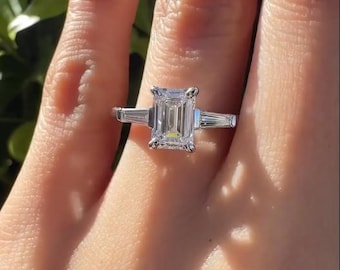 Anillo de diamantes cultivados en laboratorio de 1,0 ct con corte esmeralda, anillo de compromiso cónico de talla baguette, anillo de tres piedras cultivadas en laboratorio, anillo de aniversario, regalo para ella