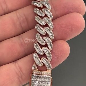 Close-up of baguette diamond Cuban bracelet links, showcasing iced out craftsmanship and premium hip hop jewelry quality for men’s bling fashion.  Moissanite Diamond Cuban Link Chain Bracelet, Birthday Gift Cuban Bracelet, Men’s Iced Out Cuban Link Bracelet, Baguette Miami Cuban Link Bracelet, Gold Plated luxurious Bracelet, VVS1 Quality Moissanite Diamond Bracelet, Unisex Bracelet Gift For Him Gift For Her, Rose Gold Plated Bracelet, Streetwear Jewelry, Gift For Rapper, Heavy Chain