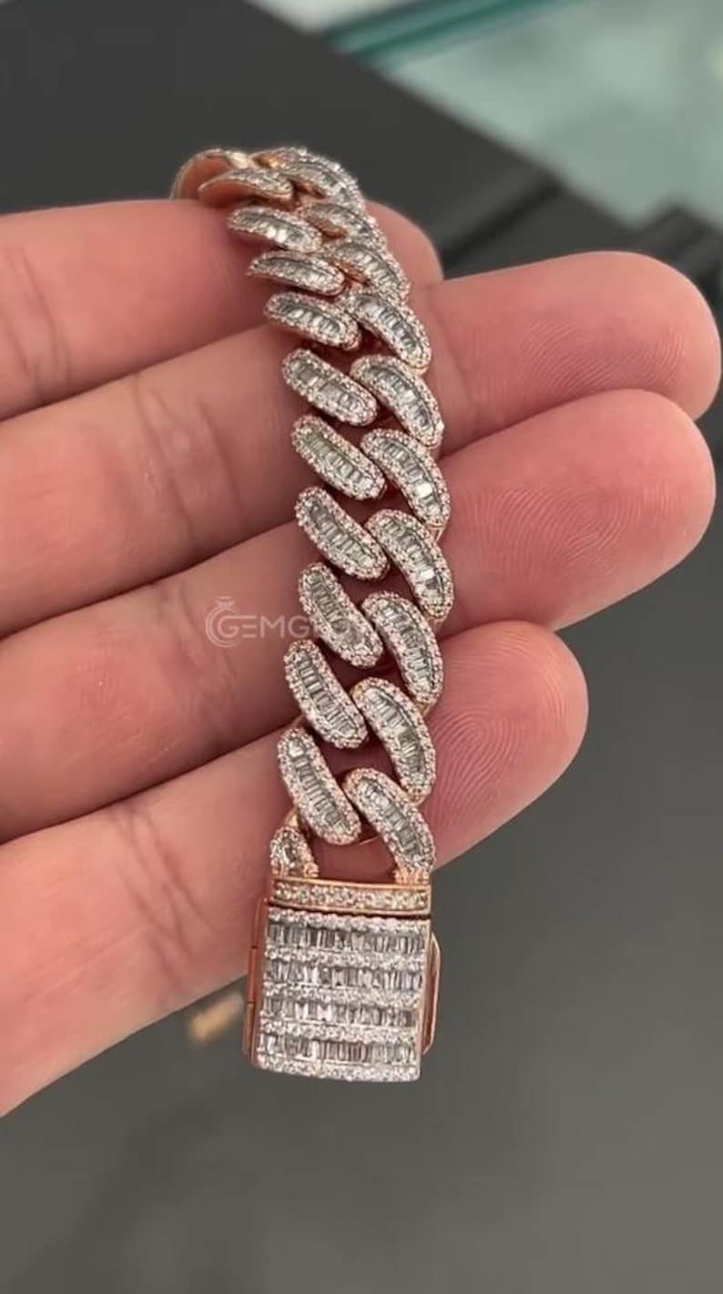 Close-up of baguette diamond Cuban bracelet links, showcasing iced out craftsmanship and premium hip hop jewelry quality for men’s bling fashion.  Moissanite Diamond Cuban Link Chain Bracelet, Birthday Gift Cuban Bracelet, Men’s Iced Out Cuban Link Bracelet, Baguette Miami Cuban Link Bracelet, Gold Plated luxurious Bracelet, VVS1 Quality Moissanite Diamond Bracelet, Unisex Bracelet Gift For Him Gift For Her, Rose Gold Plated Bracelet, Streetwear Jewelry, Gift For Rapper, Heavy Chain