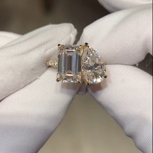 6 CT 14K Solid Gold Pear Cut & Emerald Cut Moissanite Engagement Ring, Toi et Moi Promise Ring, Valentine's Day, Anniversary Gift for Her