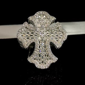 Anillo de diamantes con cruz helada, anillo para hombre, anillo de cruz helada estilo hip hop, anillo de moissanita de corte redondo y baguette estilo hip hop, anillo con cruz de Jesús
