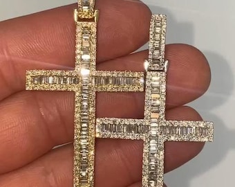 Moissanite Cross Pendant, Iced Out Cross Moissanite Pendant, Men's Baguette Moissanite Pendant, Custom Hip Hop Pendant for him, Gift for her