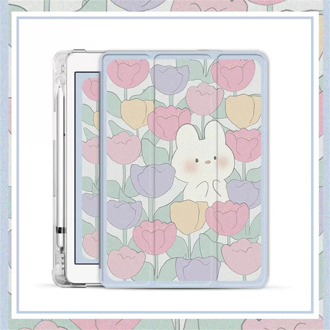 Blue Tulip Ipad Case Kawaii Bunny Ipad Pro Case Flower Ipad Etsy