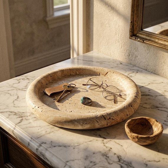 Round Travertine Tray | Natural Stone Vanity Organizer | Minimalist Coffee Table Decor | Wabi Sabi Candle Holder | Decorative Jewelry Dish