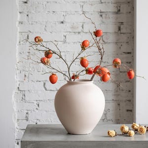 Könnte beinhalten: Eine matte, hellbeige, runde Keramikvase mit engem Hals, in der sich mehrere dünne, kahle braune Zweige mit zahlreichen kleinen, runden, leuchtend orangefarbenen Kakifrüchten befinden. Einige getrocknete, blassgelbe Rosenköpfe liegen daneben.