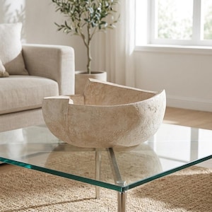 May include: A large, beige decorative bowl with a textured surface. The bowl has a unique, asymmetrical shape and sits on a glass-topped coffee table with silver legs. The bowl is a neutral color and complements the room's decor.