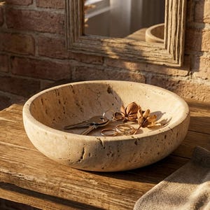Può includere: Una ciotola in pietra beige con chiavi e oggetti decorativi su un tavolo di legno. La ciotola è rotonda e strutturata, con un'estetica rustica. Il tavolo è in legno invecchiato. Un cesto intrecciato e piante secche sullo sfondo.