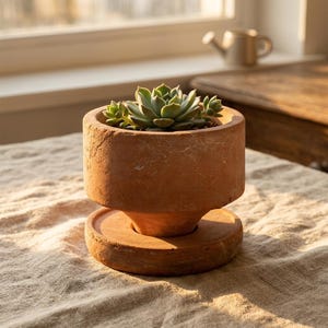 Rustik terrakottaplanter med fat | Wabi Sabi piedestalkruka | Handgjord blomkruka i röd lera | Vintage bonsaiskål | Inomhusplanter