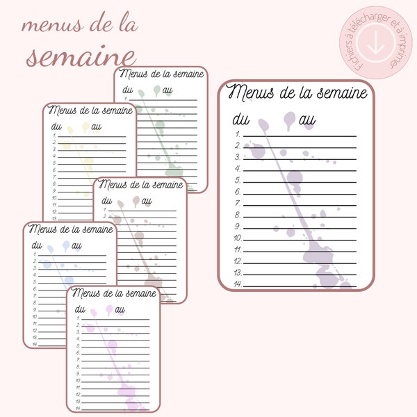 Liste des menus de la semaine vierge thème Peinture - pdf à télécharger A4 A5 A6 lettre Us