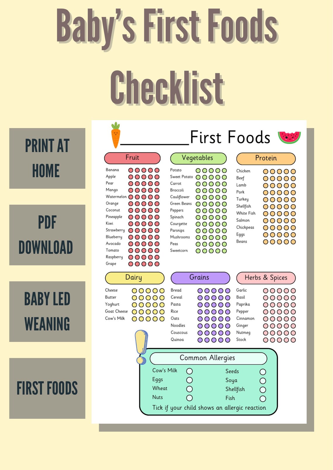 Babys first foods checklist etsy