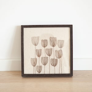 Square Painting with Floral Embroidery, Abstract Floral Art with Framed for Room Decor, Flower Embroidery Fabric Canvas