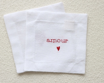Embossed Set2 Of Napkins for Wedding, Linen Cloth Napkins with Amour, Monogrammed Napkins for Romantic Dinner Coasters Set Mother's Day Gift