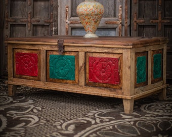 Handmade Vintage Rustic Green Red Teak Wood Storage Trunk - Hand-carved - Antique-style storage trunk - Handcrafted teak wood trunk