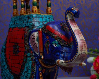 Handcrafted Ambawari Metal Elephant with Coral Turquoise and Lapis Lazuli Stone Work  Exquisite Home Decor Accent for a Touch of Luxury