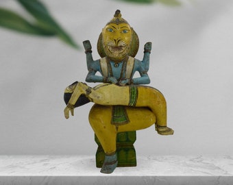 Wooden Narsimha Avatar Statue  Handmade Home Decor  Hindu God Figurine