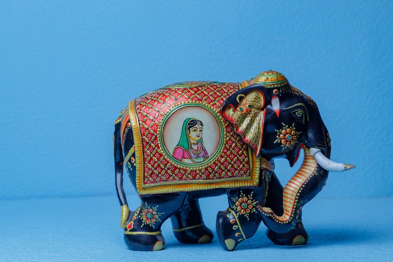 Hand Painted Wooden Elephant Shah Jahan Mumtaz Gold Leaf Indian Figurine Royal Elephant Home Decor Shah Jahan Era image 4
