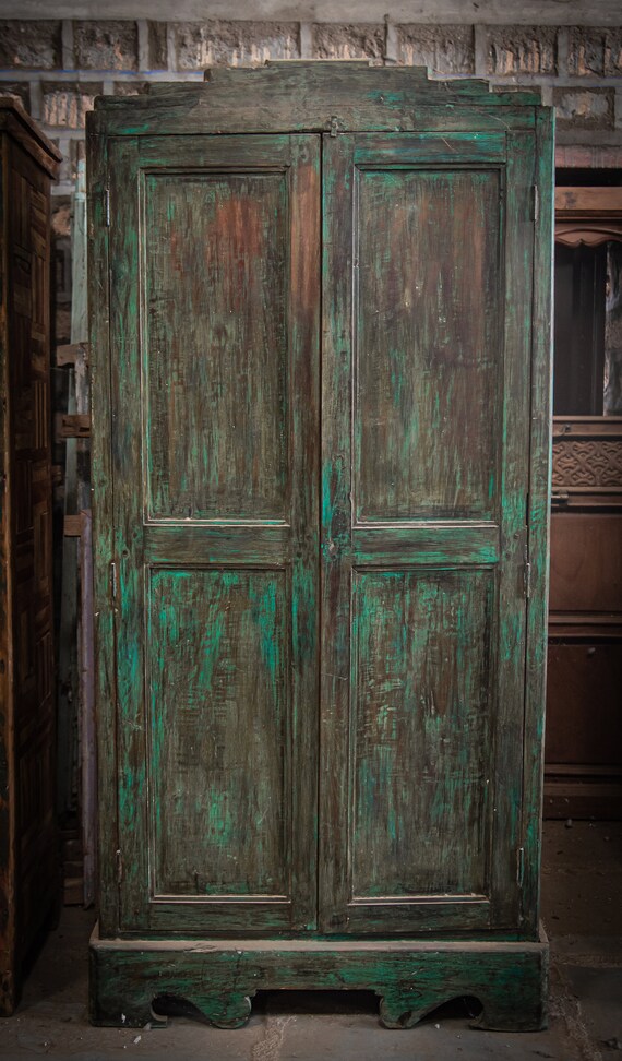 Handcrafted Reclaimed Wood Almirah Vintage Distressed Green