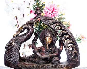 Handcrafted Raja Ganesha Brass Metal Statue Sacred Hindu Deity Sculpture Decorative Brass Lord Ganesha Idol Religious Home Decor