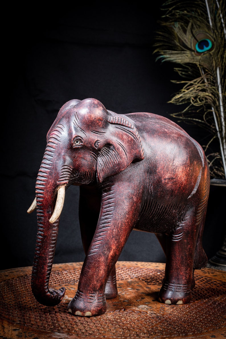 Teak Elephant Wood Sculpture Carved Statue Elephant Decor Teak Craft