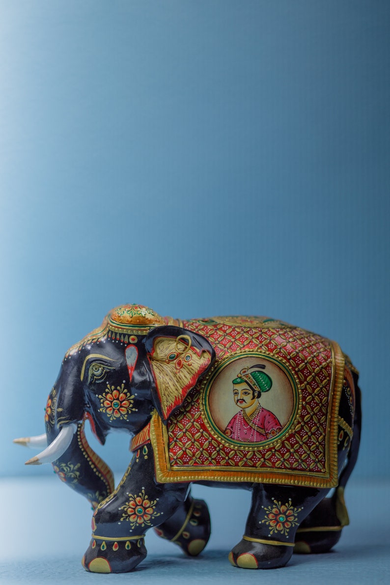 Hand Painted Wooden Elephant Shah Jahan Mumtaz Gold Leaf Indian Figurine Royal Elephant Home Decor Shah Jahan Era image 2
