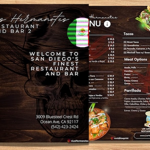 Szablon menu restauracji meksykańskiej v2 (angielski z hiszpańskimi tłumaczeniami) z menu baru, drinków, klubu nocnego i specjalnościami dla restauracji meksykańskiej