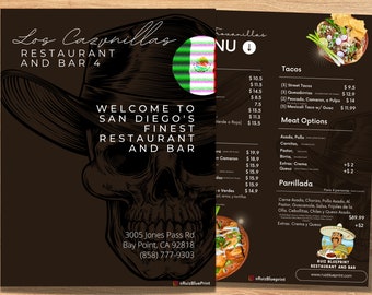 Mexican Restaurant Menu Template (English with Spanish Translations) with Bar, Drinks, Night Club, and Specials menú para restaurante Mex