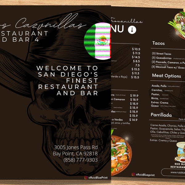 Mexican Restaurant Menu Template (English with Spanish Translations) with Bar, Drinks, Night Club, and Specials menú para restaurante Mex