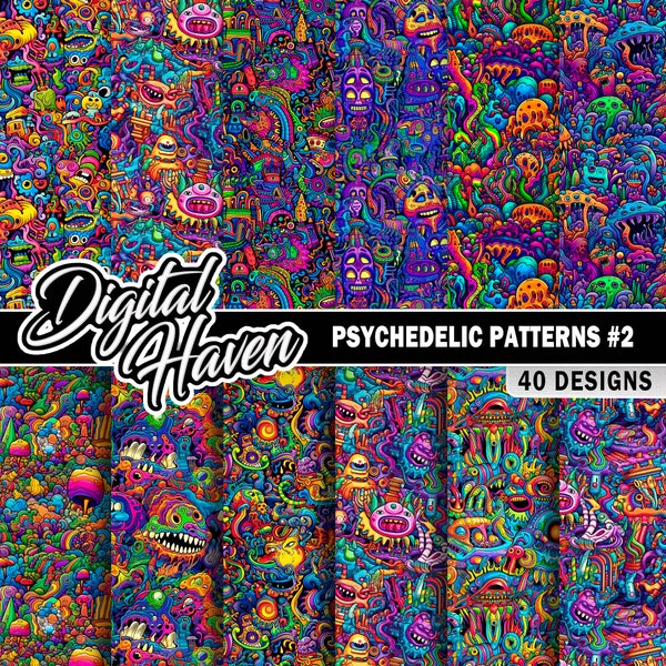 40 Psychedelic Patterns #2 - Trippy Backgrounds - Seamless Patterns - Digital Paper - 300DPI