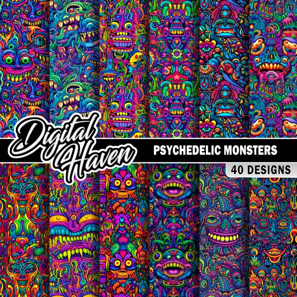 40 Psychedelic Monster Patterns - Trippy Backgrounds - Seamless Patterns - Digital Paper - 300DPI