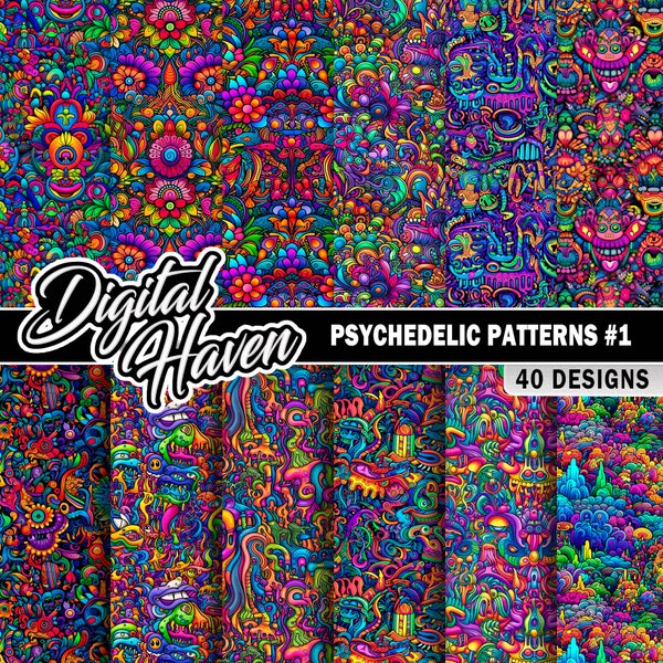 40 Psychedelic Patterns #1 - Trippy Backgrounds - Seamless Patterns - Digital Paper - 300DPI