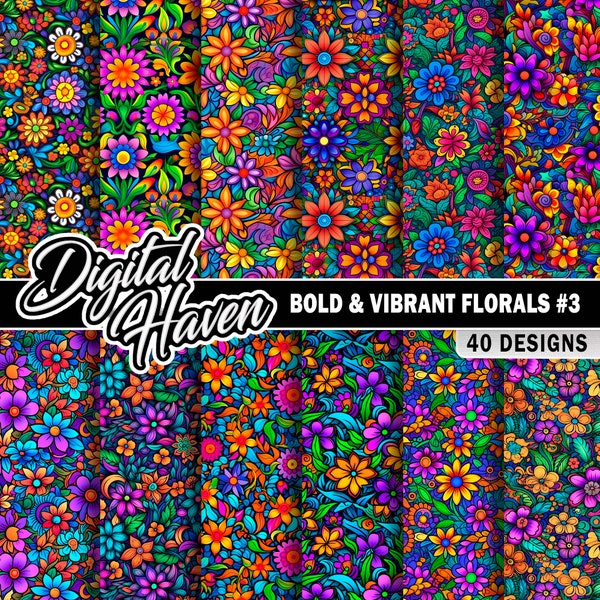 40 Bold and Vibrant Digital Floral Medley Patterns #3 - Seamless - Digital Paper - Floral Sublimation - 12"x12" 300DPI