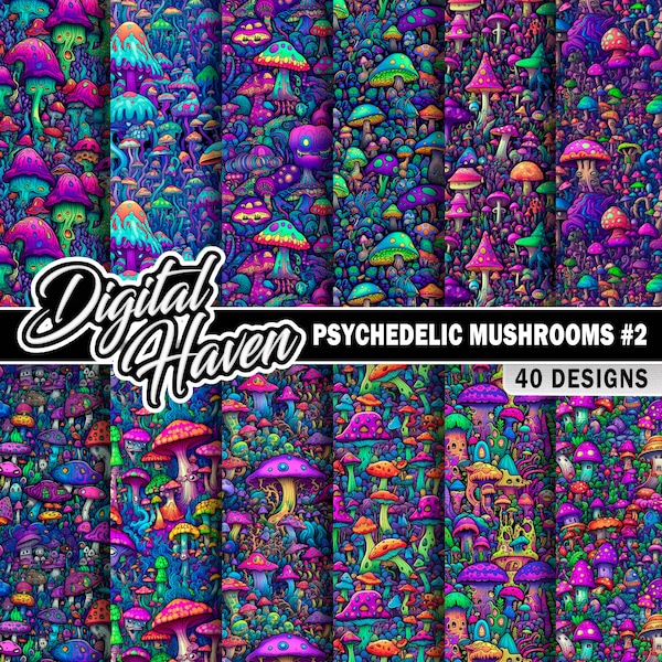 40 Psychedelic Mushroom Patterns #2 - Trippy Backgrounds - Seamless Patterns - Digital Paper - 300DPI