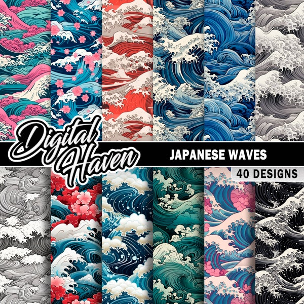 40 Japanese Waves - Seamless Patterns  - Tiling - Digital Paper - Sublimation - High Quality - 300 DPI