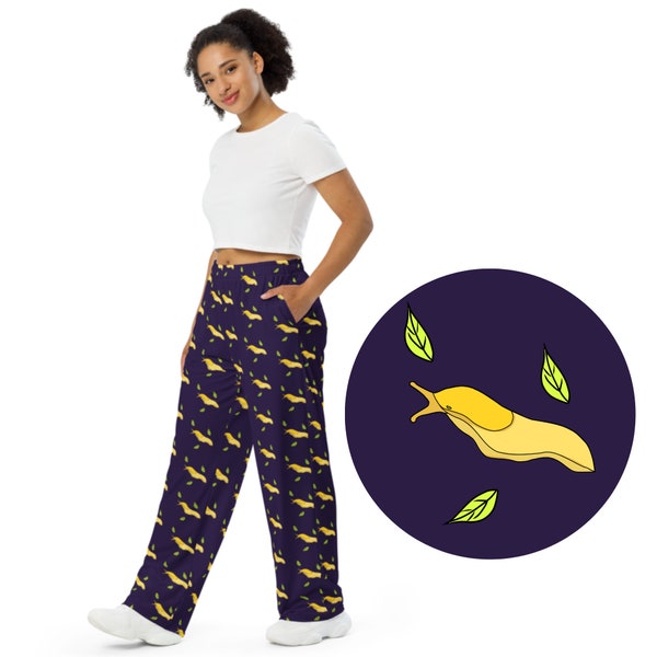 Illustrated Banana Slug Pants, Slugs Pattern Unisex PJ Pants, Navy Blue Comfy Lounge Pants with Pockets, All Over Print Elastic Waist