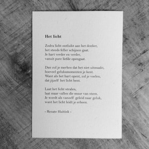 Het licht. A6 poster/kaart met gedicht.
