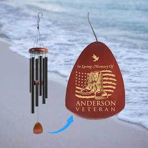 Personalized Military Memorial Wind Chime with Veteran Combat Boots & American Flag. Unique Sympathy Wind Chime on Memorial Veteran Day