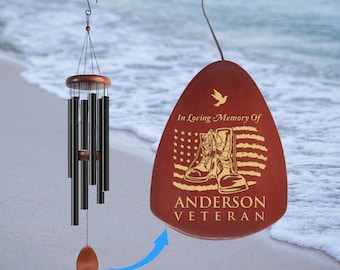 Personalized Military Memorial Wind Chime with Veteran Combat Boots & American Flag. Unique Sympathy Wind Chime on Memorial Veteran Day